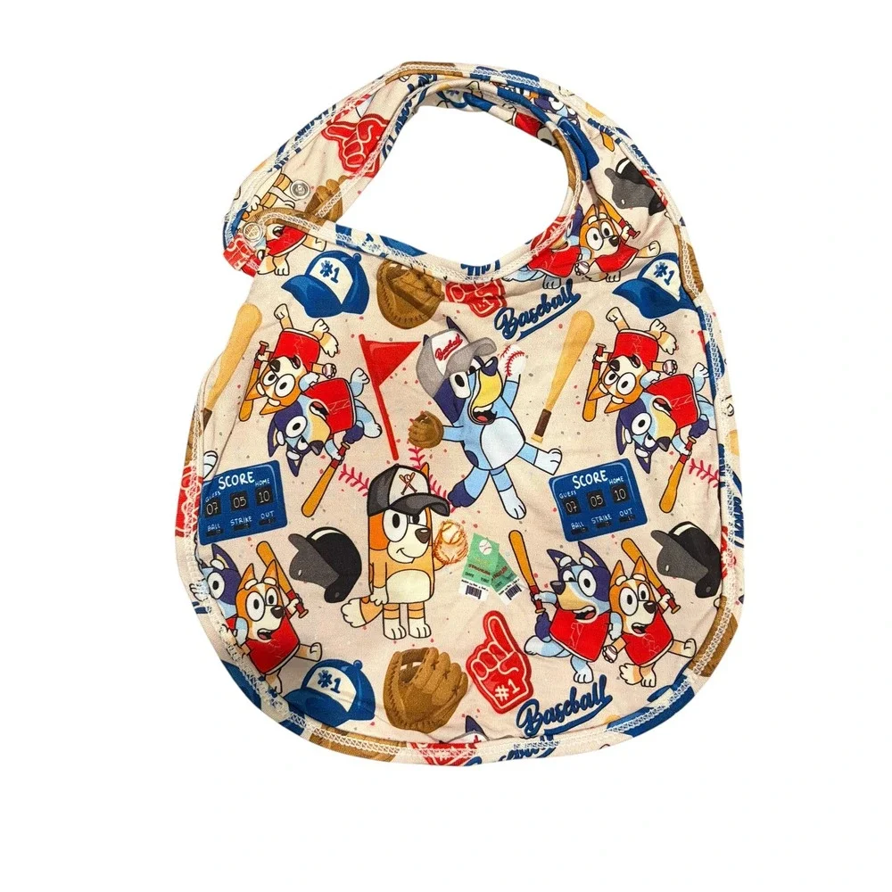Bluey Bingo Bamboo Baseball Bib Cream Blue Red Sports Theme Snap Closure Unisex